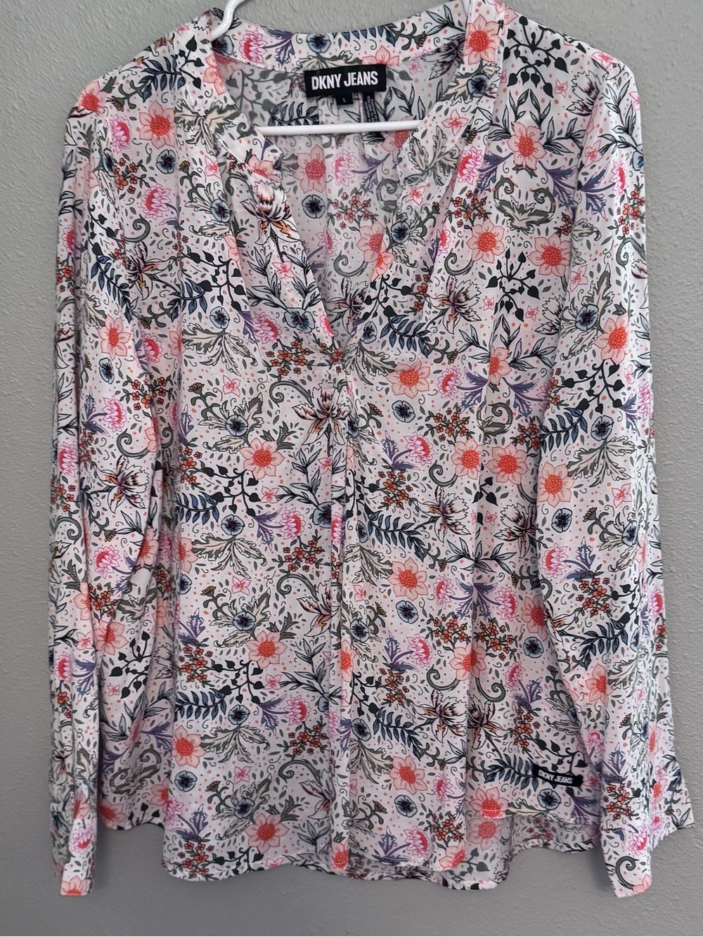DKNY Jeans Floral V-Neck Blouse in Pink, Navy and Cream